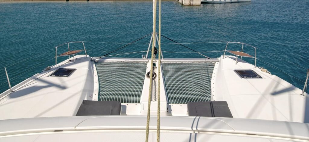 Lagoon 46 catamaran charter Rhodes – bow and trampoline at Rhodes New Marina, Greece