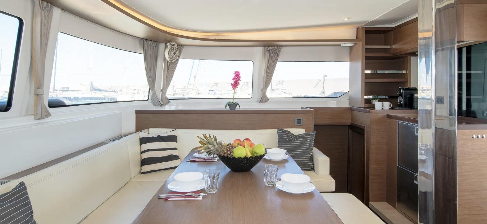 Lagoon 46 catamaran charter Rhodes – interior saloon dining and seating