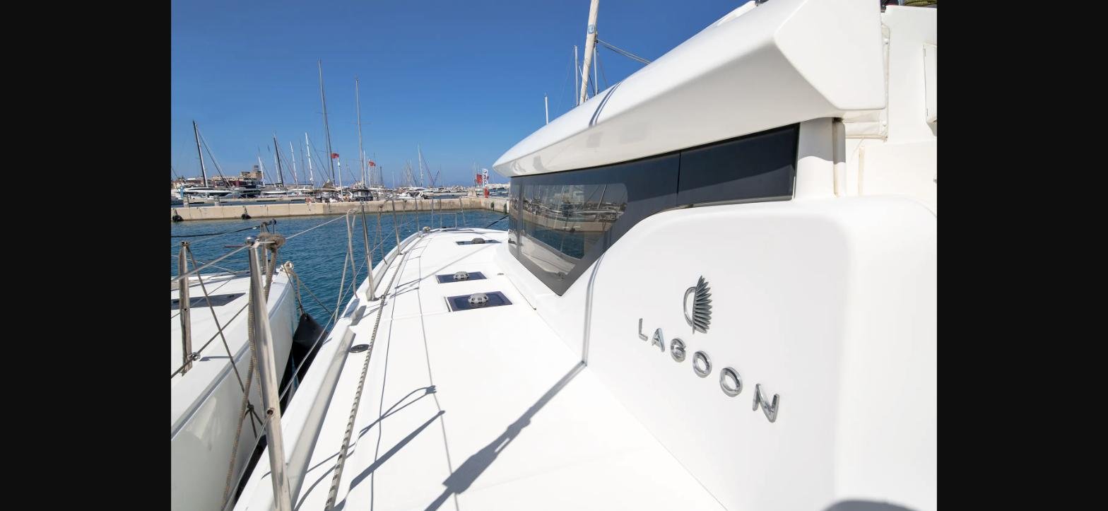 Lagoon 46 catamaran charter Rhodes – exterior view underway near Rhodes, Greece