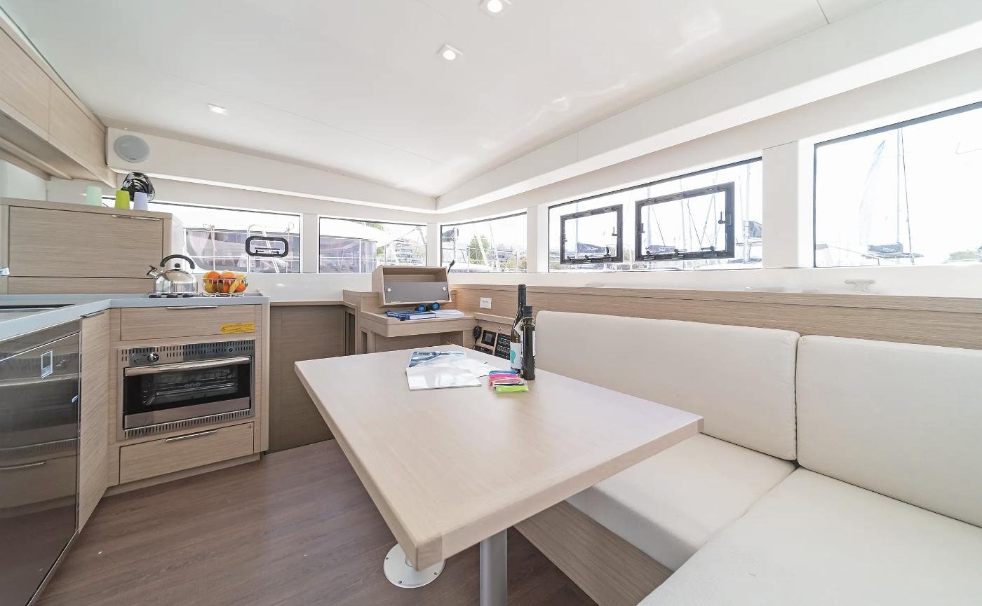 Galley with oven and hob beside the saloon of a Lagoon 40 catamaran