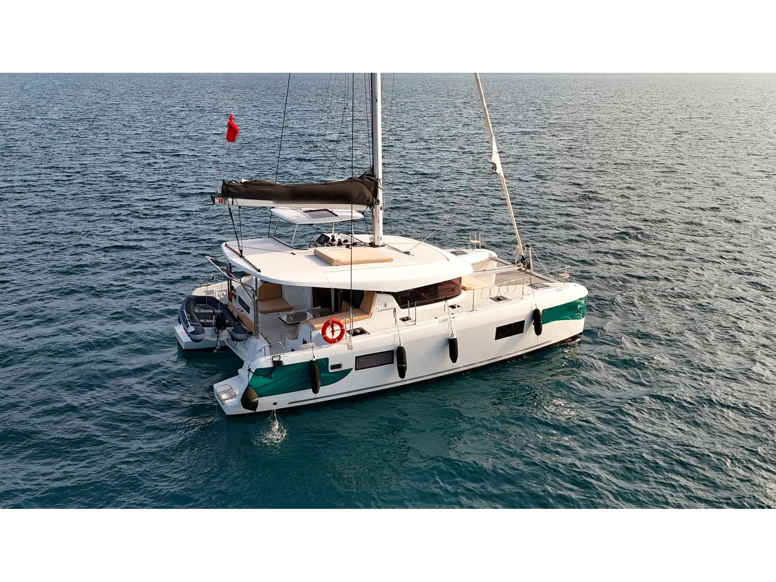 Lagoon 42 charter Marmaris - Lagoon 42 catamaran charter Marmaris aerial exterior view of luxury sailing yacht MA1305 at anchor
