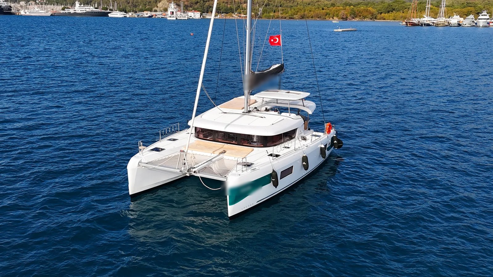 Lagoon 42 catamaran charter Marmaris bow view showing forward trampoline and rigging of yacht MA1305