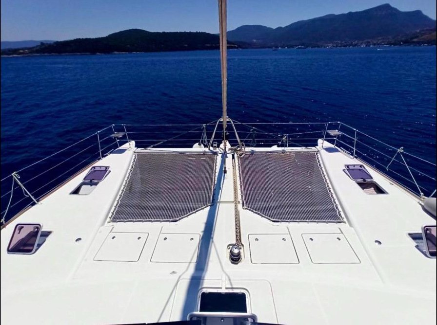 Foredeck trampolines and anchor locker on a Lagoon 620