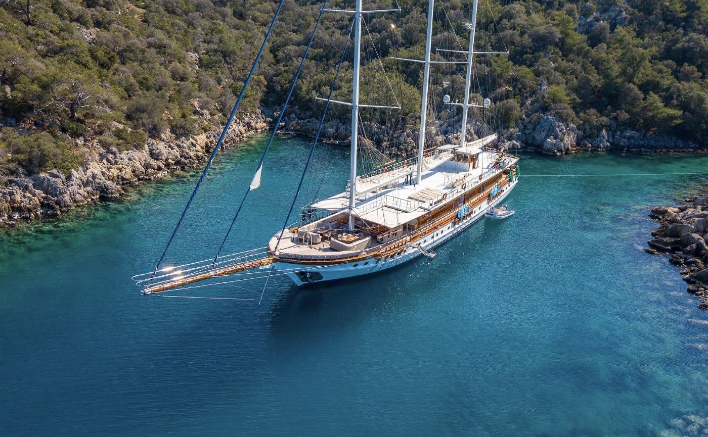 Aerial view of a 47m three-masted gulet at anchor in clear water near Bodrum