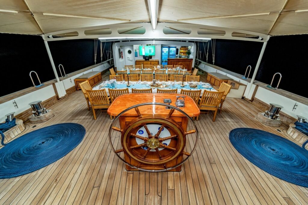Traditional ships wheel helm feature aboard gulet charter Fethiye
