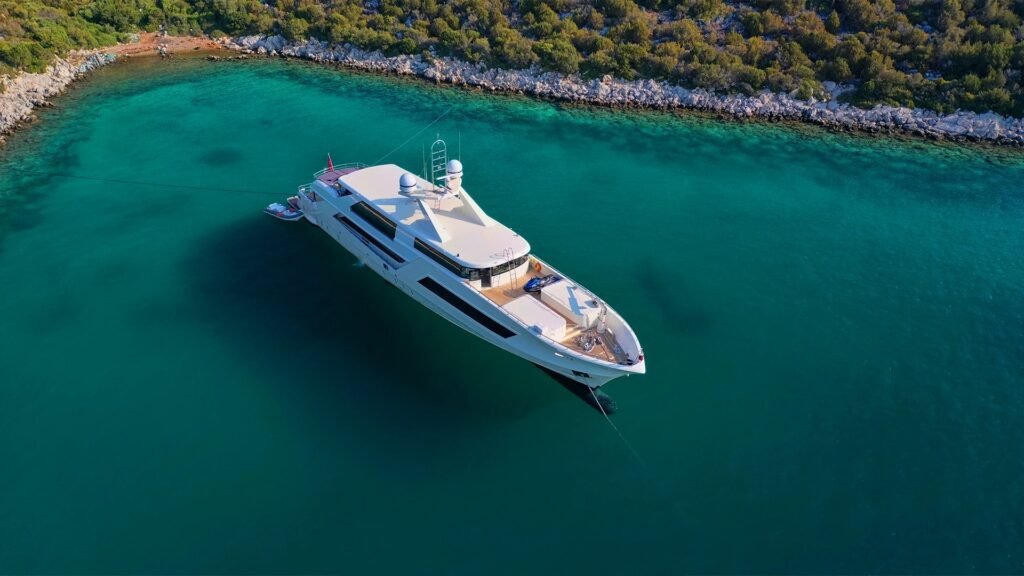 Lürssen 159 charter Bodrum aerial view Aegean coast
