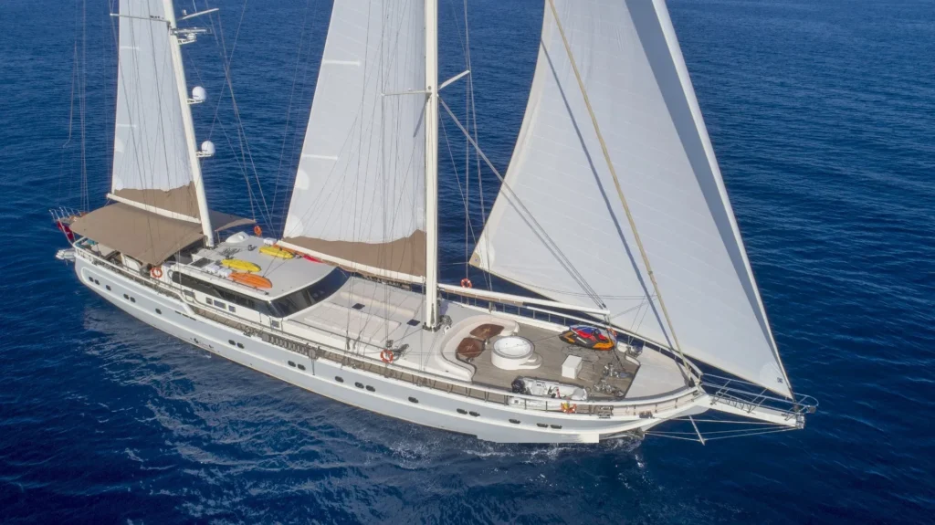 Aerial drone view of 39m luxury gulet charter yacht under sail near Bodrum, Turkey
