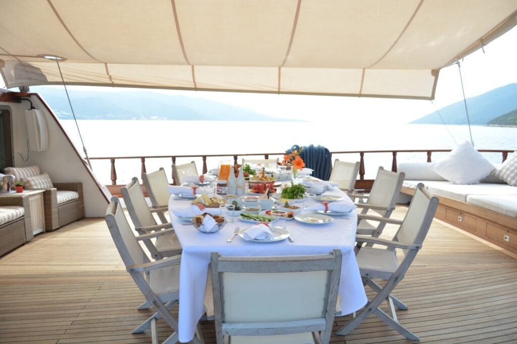 Breakfast table set for ten on the aft deck