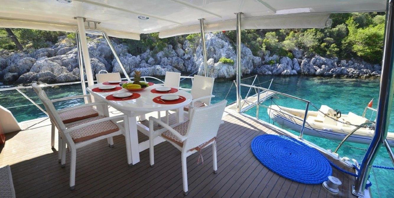 Al fresco aft-deck dining on a luxury yacht charter in Fethiye