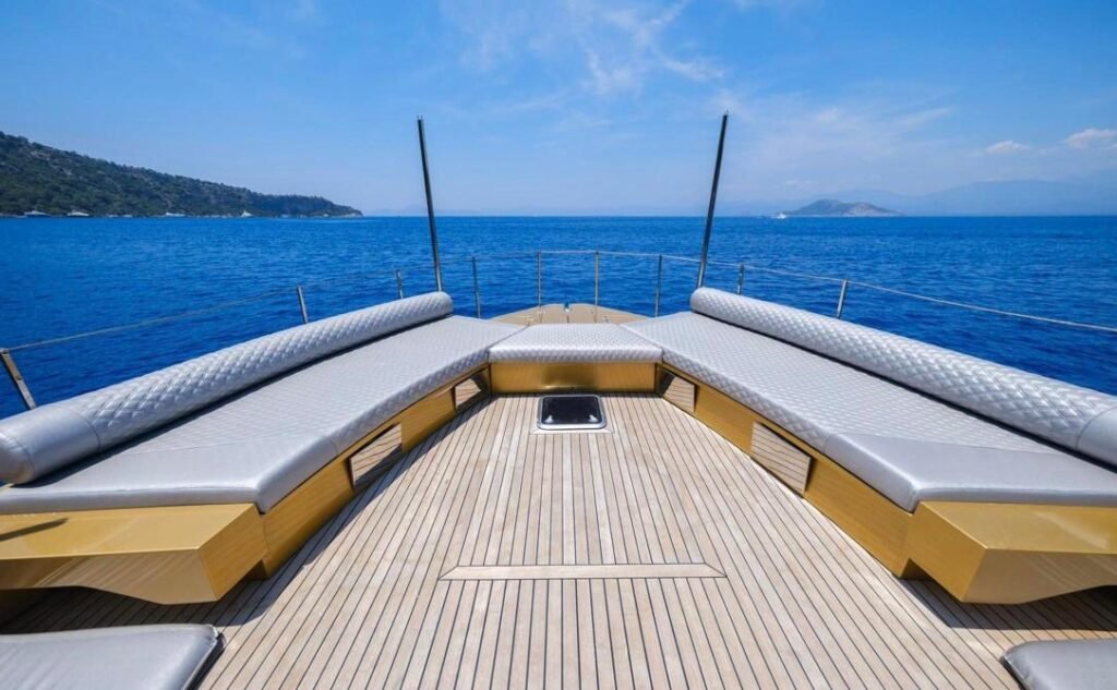 Mazu 58 charter Göcek — foredeck sunpads and lounging area
