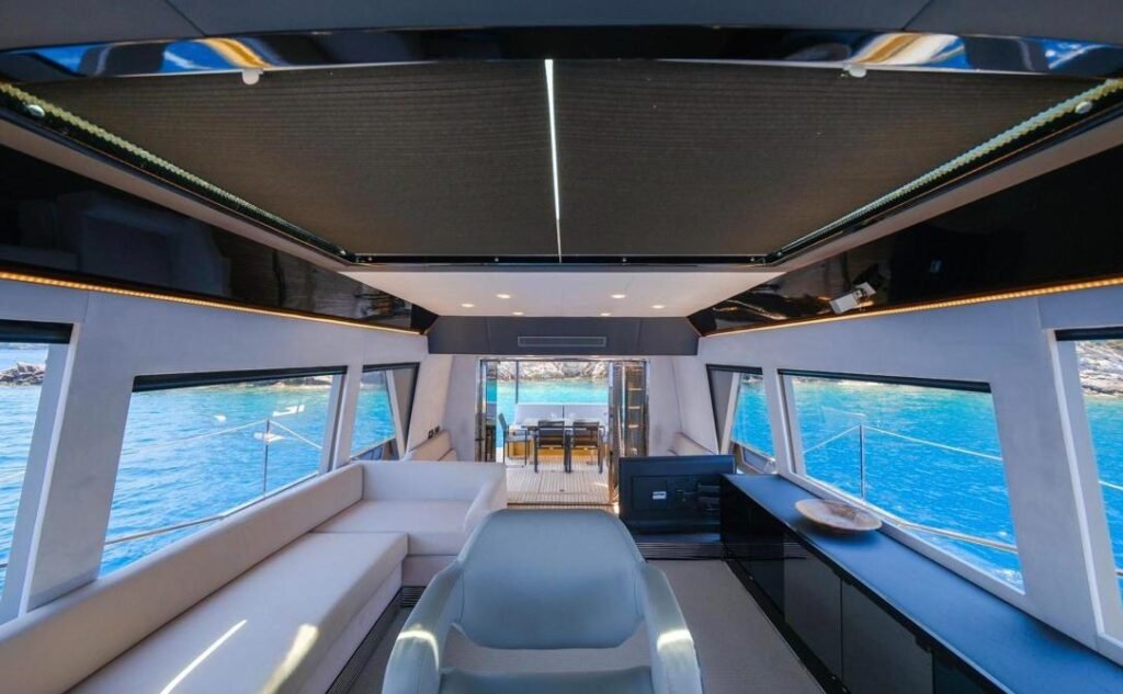 Mazu 58 charter Göcek — main saloon with panoramic windows