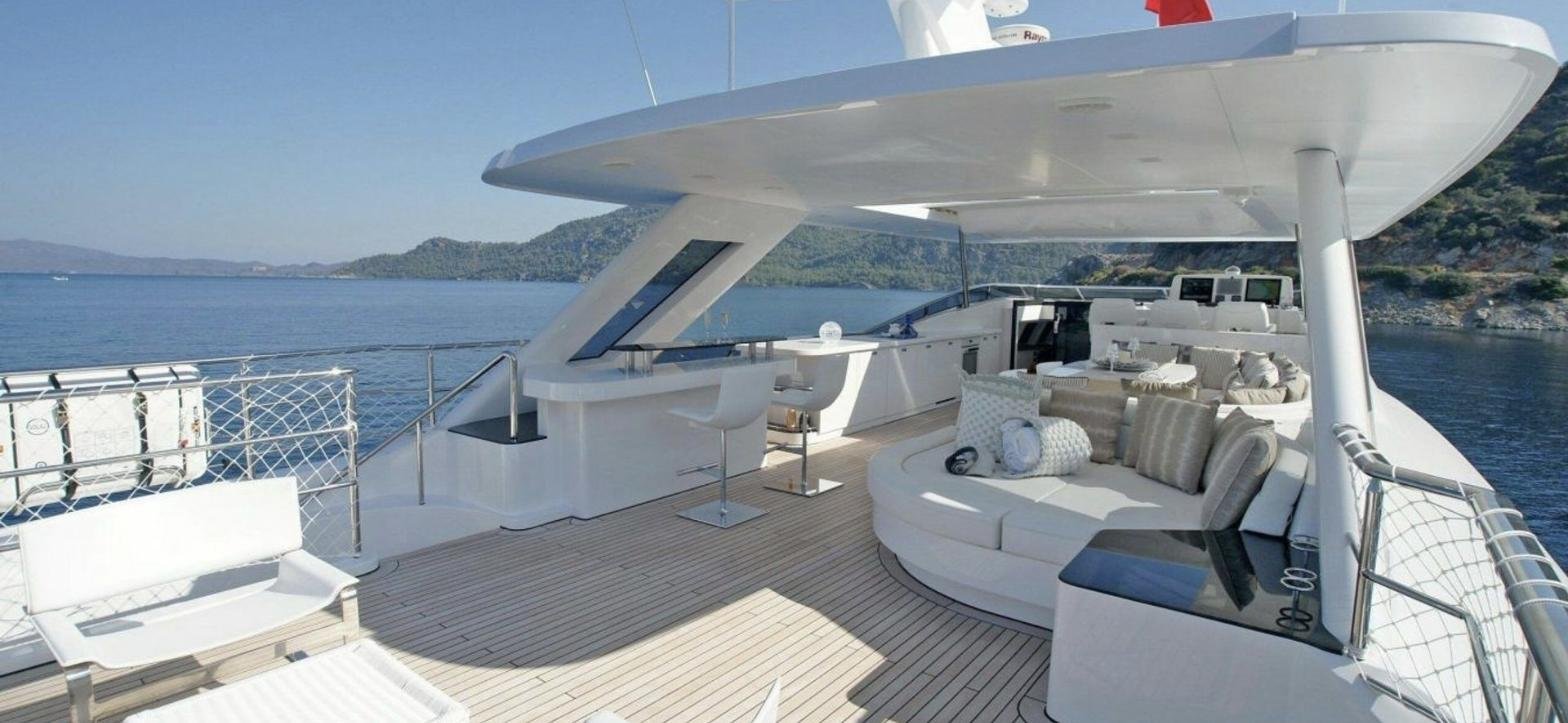 Mengi Yay 110 charter Göcek — flybridge with bar and sun deck