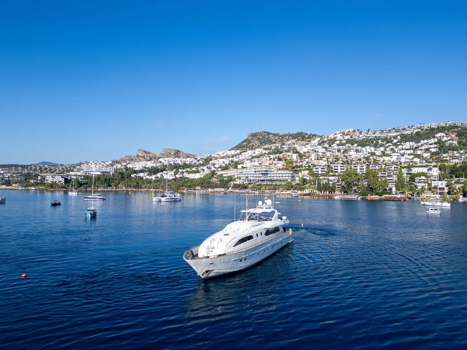 SR3507 35m Falcon 115 luxury motor yacht charter Bodrum anchored bodrum town view
