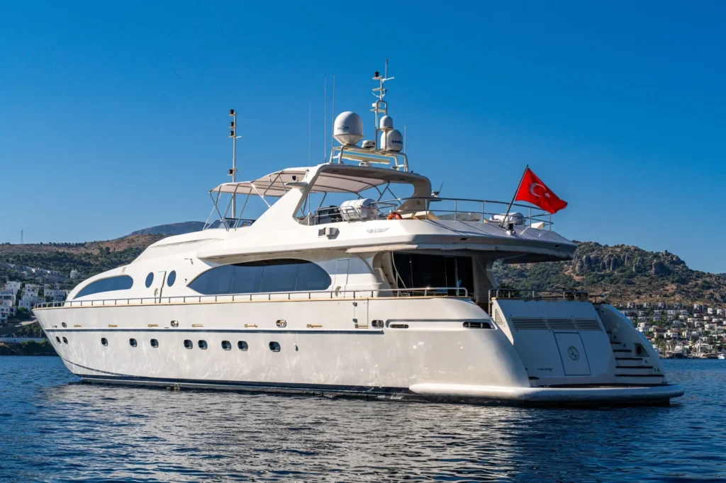 SR3507 35m Falcon 115 luxury motor yacht charter Bodrum profile at dock hillside view