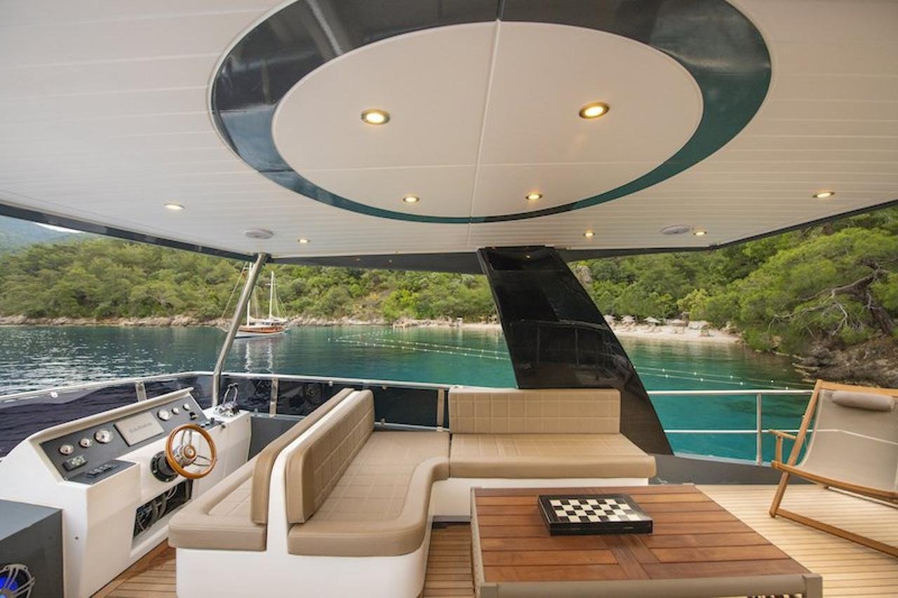 Shaded flybridge lounge seating on a luxury motor yacht anchored in a green Fethiye bay