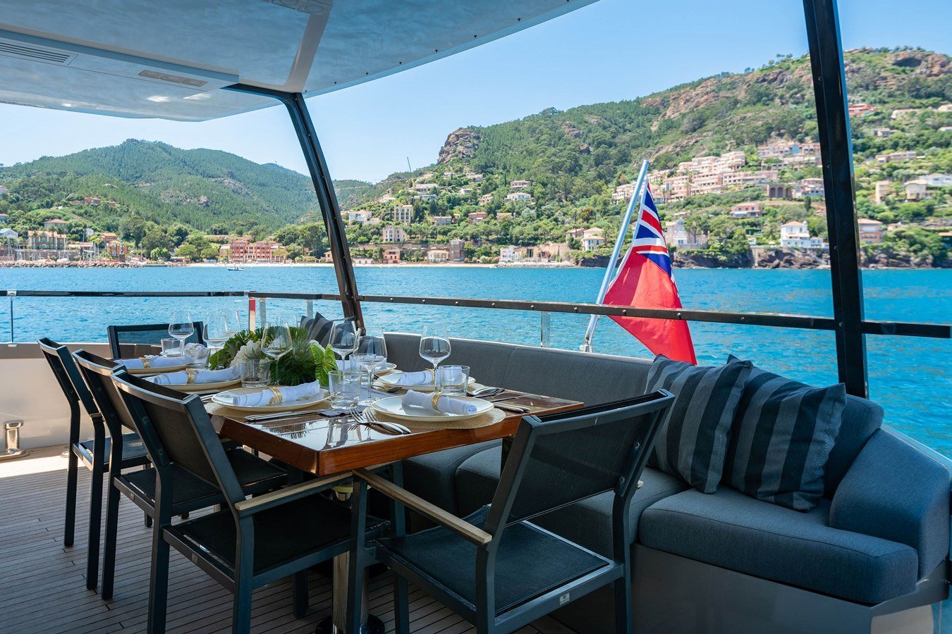 Aft deck dining table laid with glassware aboard a Peri 37 charter Göcek