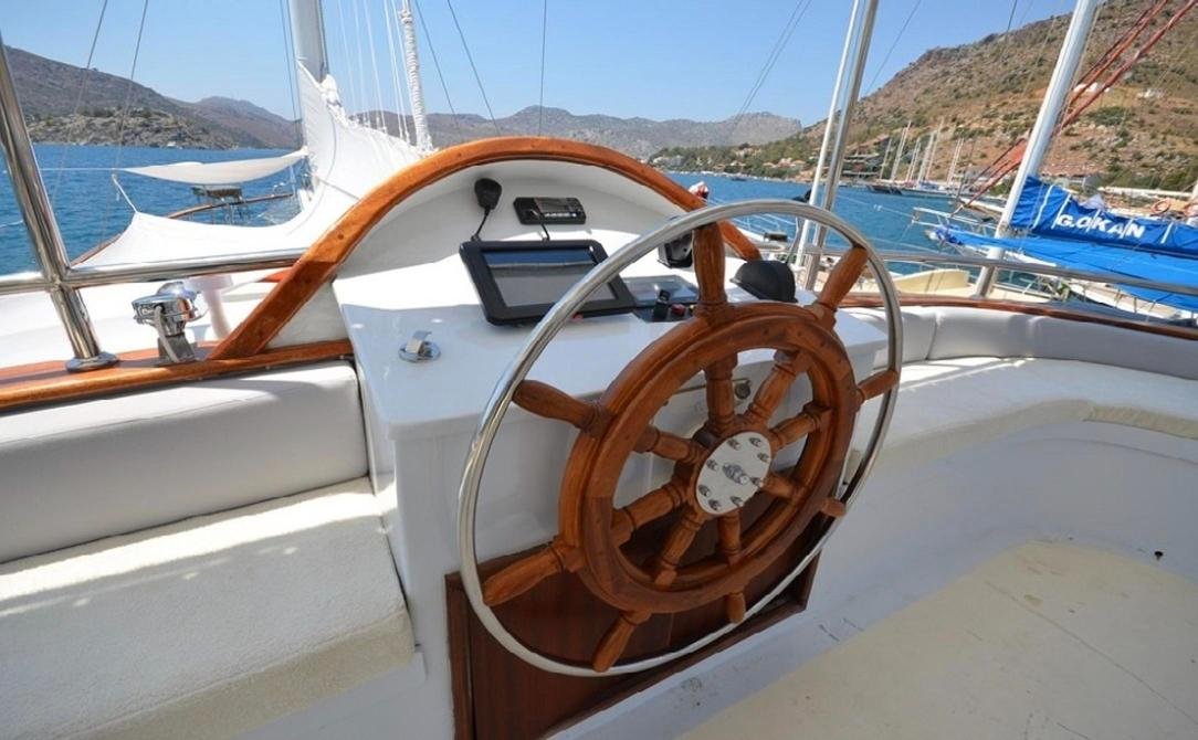 Premium gulet charter Marmaris - outside helm with timber wheel