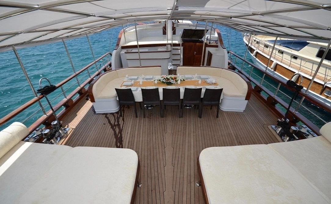 Premium gulet charter Marmaris - shaded aft deck with dining table and sunbeds