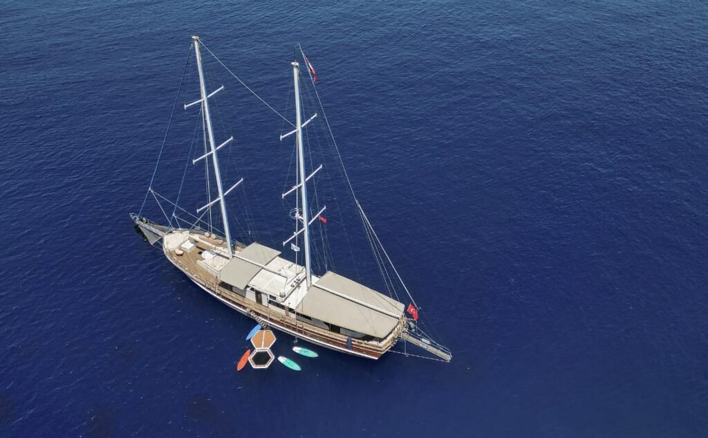 Aerial view of a 36m sailing gulet at anchor on a Fethiye gulet charter