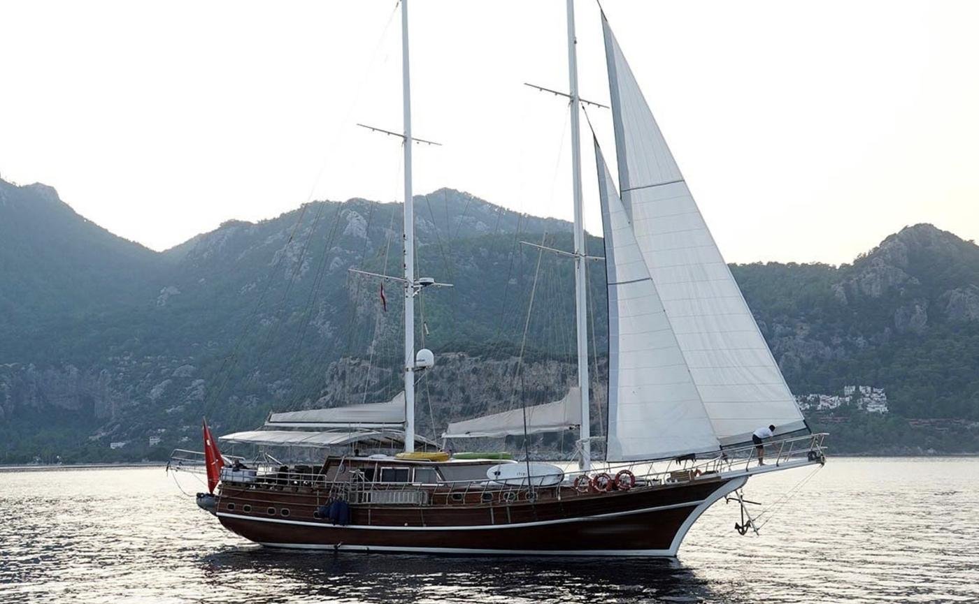 Sailing gulet charter Marmaris - 24m gulet under sail at dusk off the Turkish coast