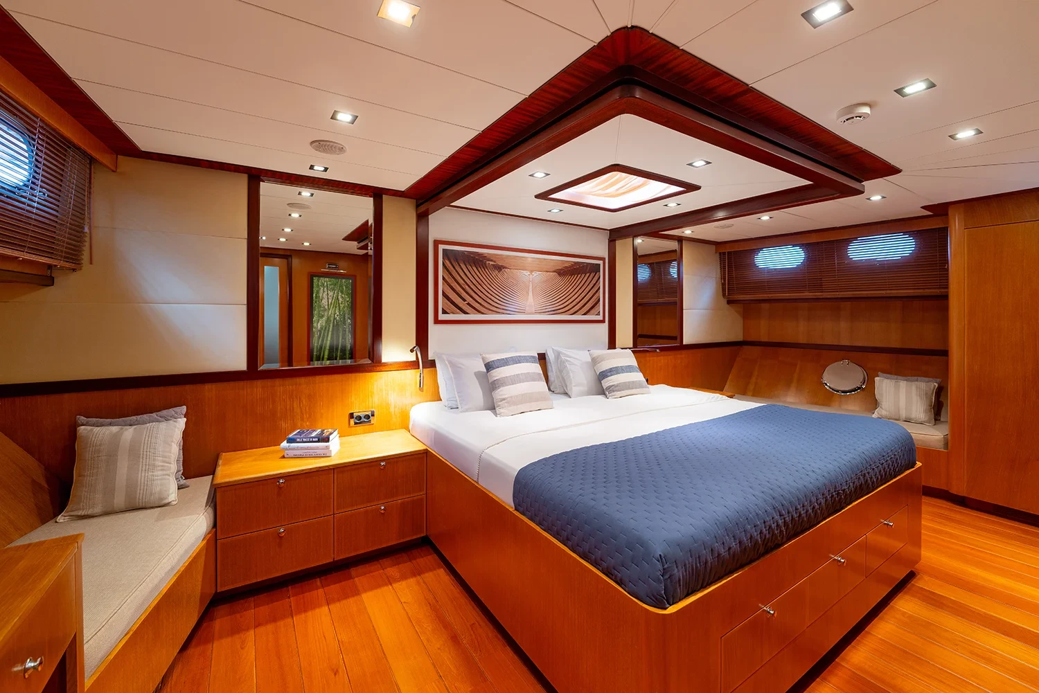 Second angle of the master cabin aboard a sailing yacht charter in Bodrum showing the seating nook