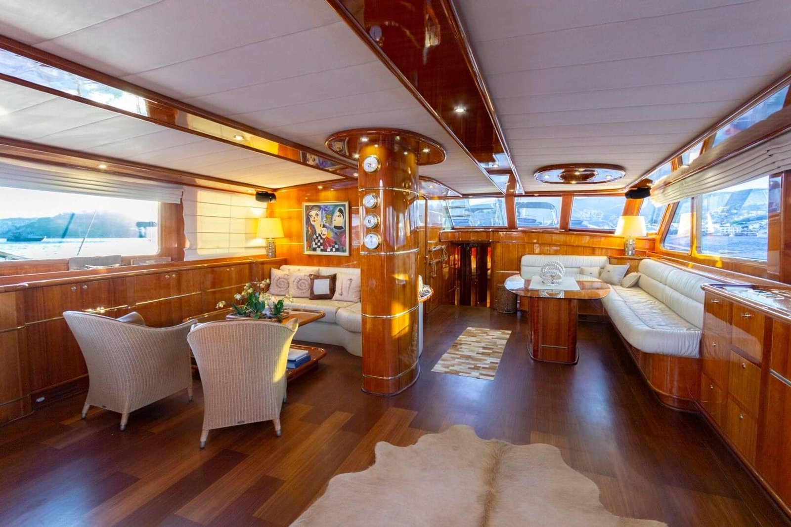 Wood-panelled interior saloon aboard motor sailer charter Bodrum SM3610