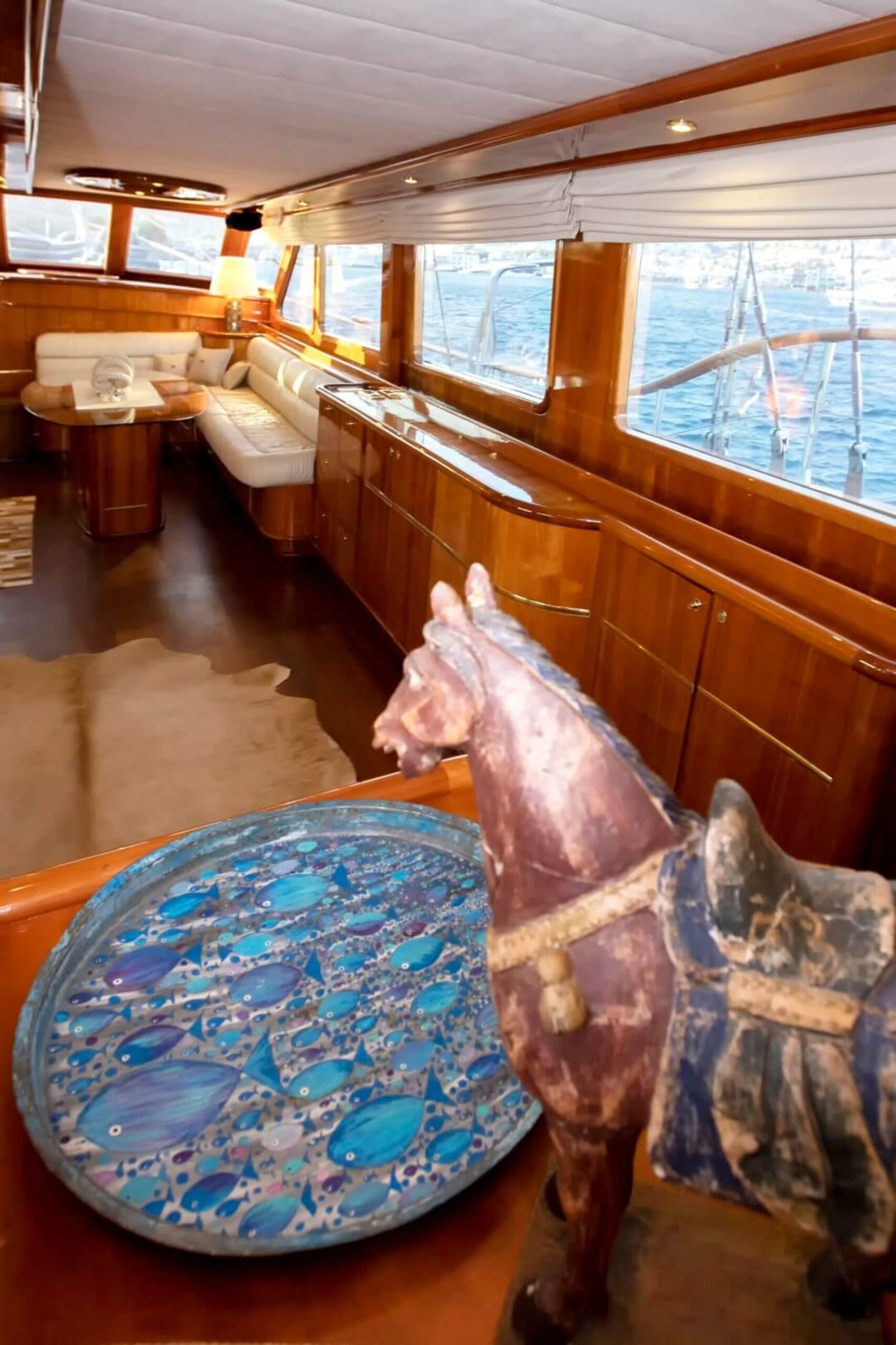 Interior dining saloon aboard the deluxe motor sailer charter Bodrum