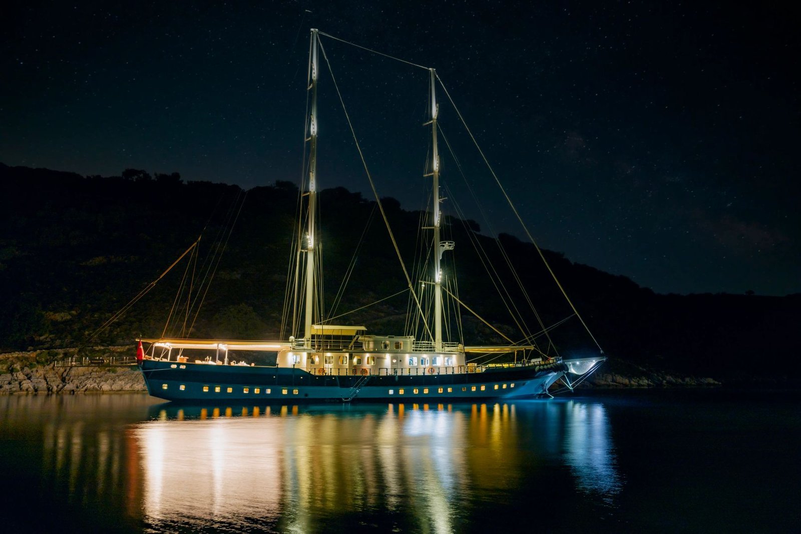 44m gulet charter Fethiye illuminated at night anchorage