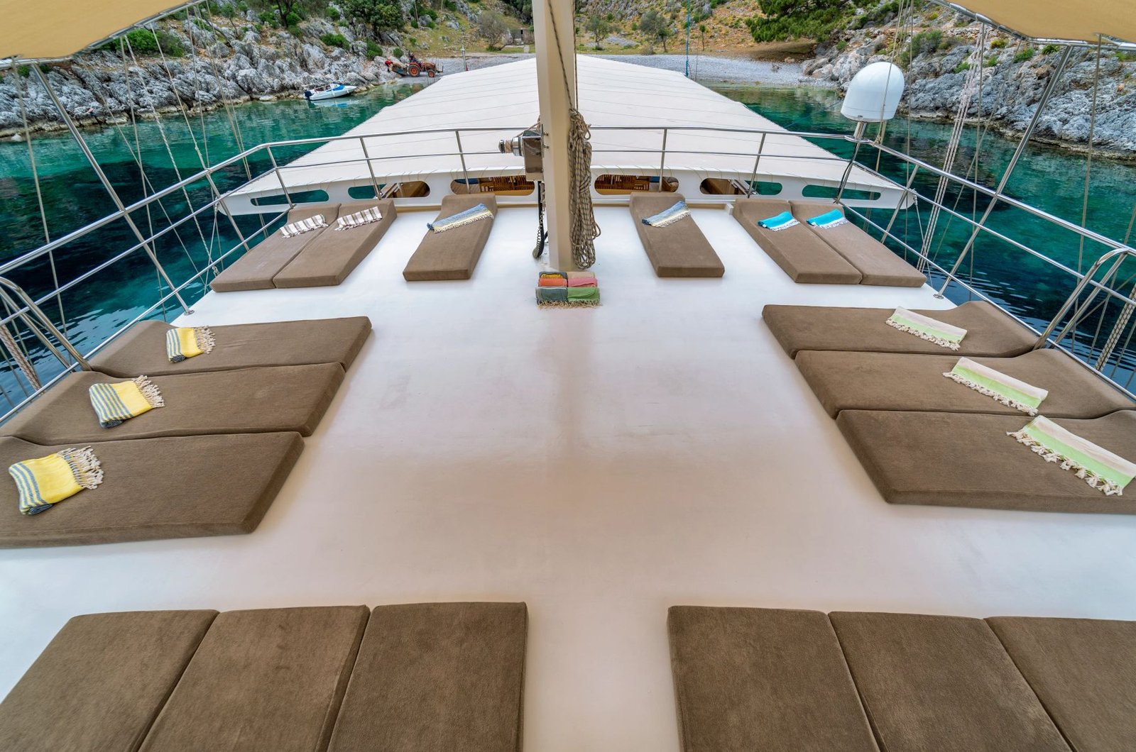 Foredeck sunbed lounge aboard group gulet charter Fethiye