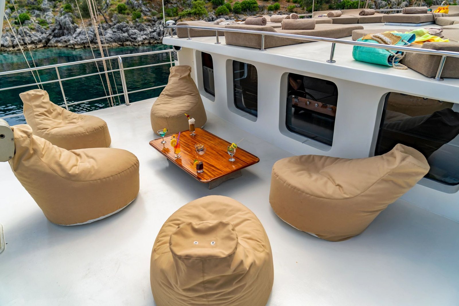 Beanbag lounge deck aboard large gulet charter Fethiye