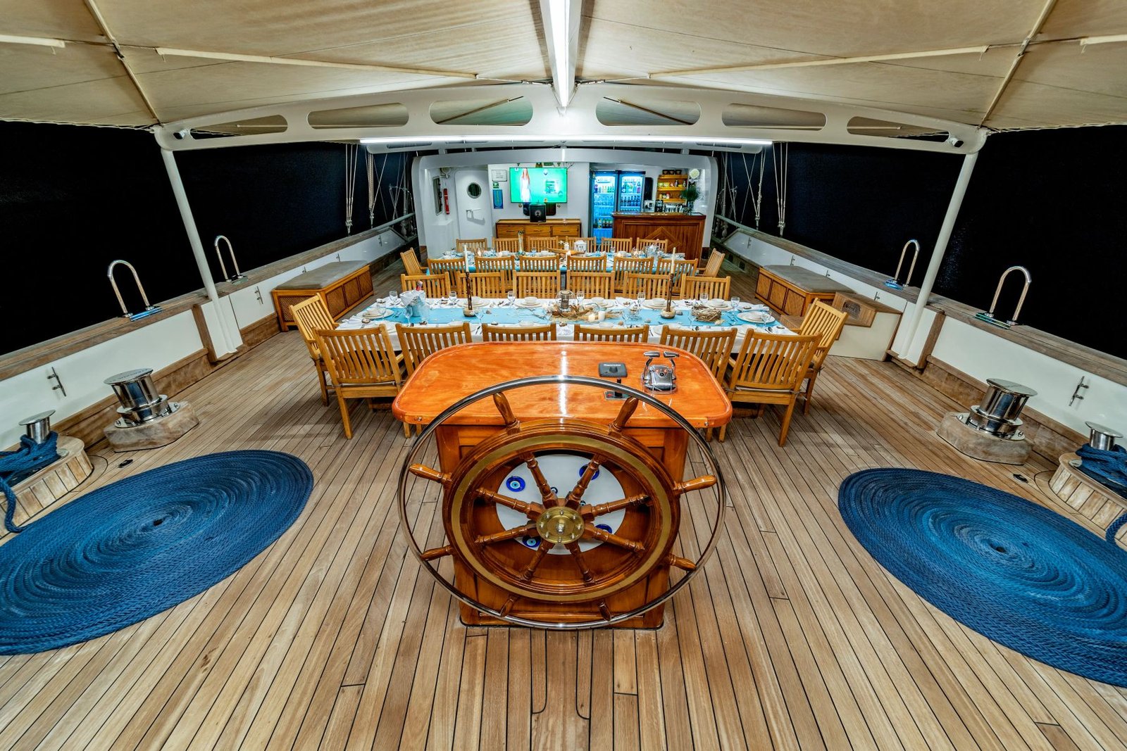 Traditional ships wheel helm feature aboard gulet charter Fethiye