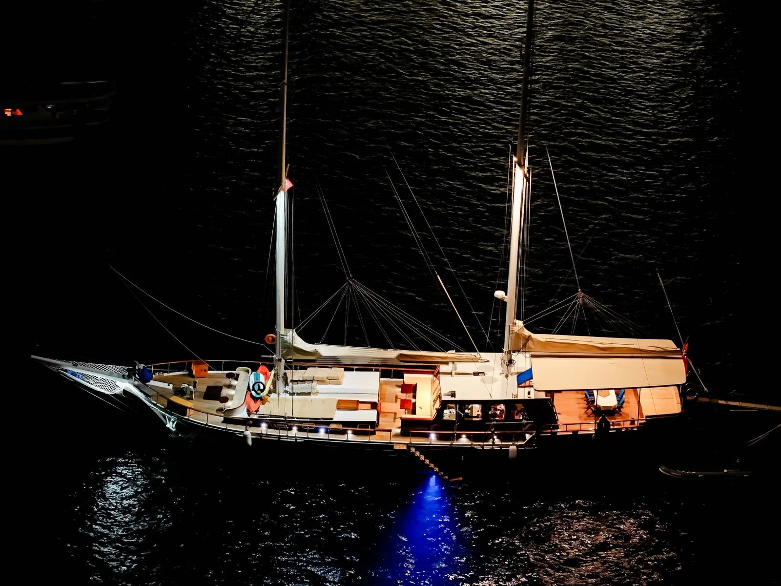 SW3001 30m traditional gulet charter Turkey at anchor illuminated at night