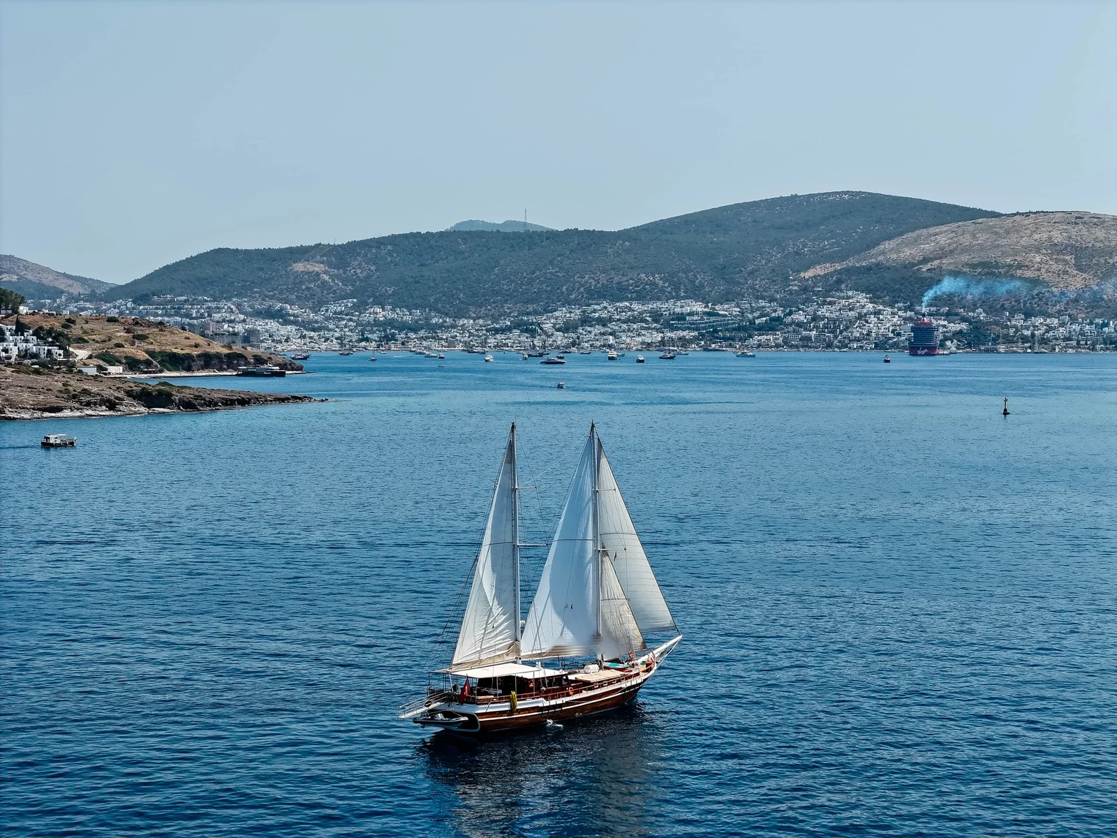 SW3001 30m traditional gulet charter Turkey under sail entering Bodrum bay