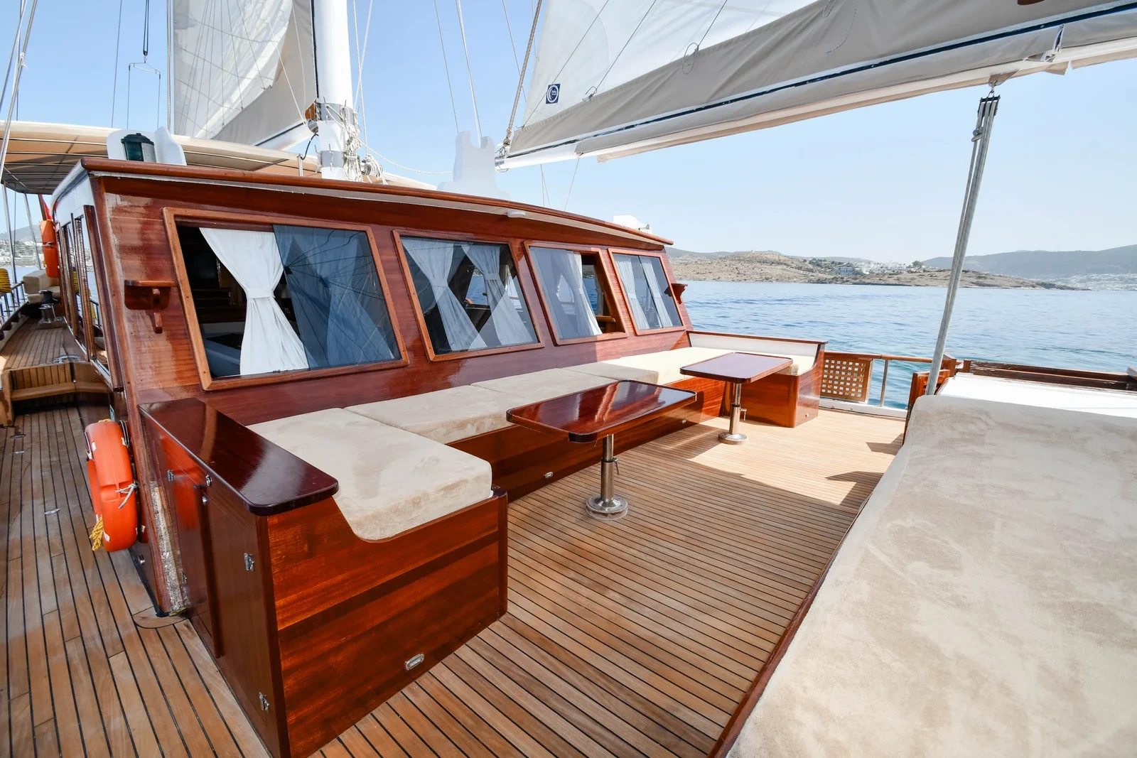 SW3001 30m traditional gulet charter Turkey foredeck lounge seating under sail