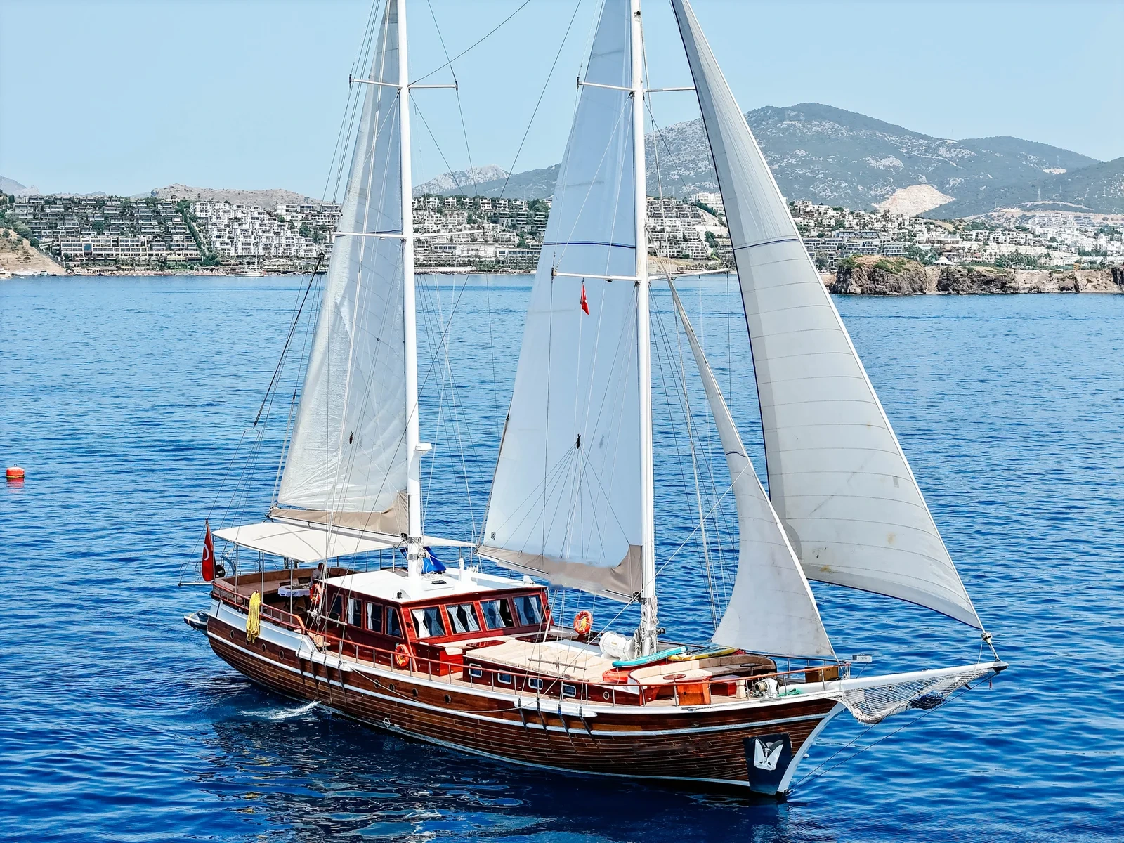 SW3001 30m traditional gulet charter Turkey under sail, aerial view of broadside