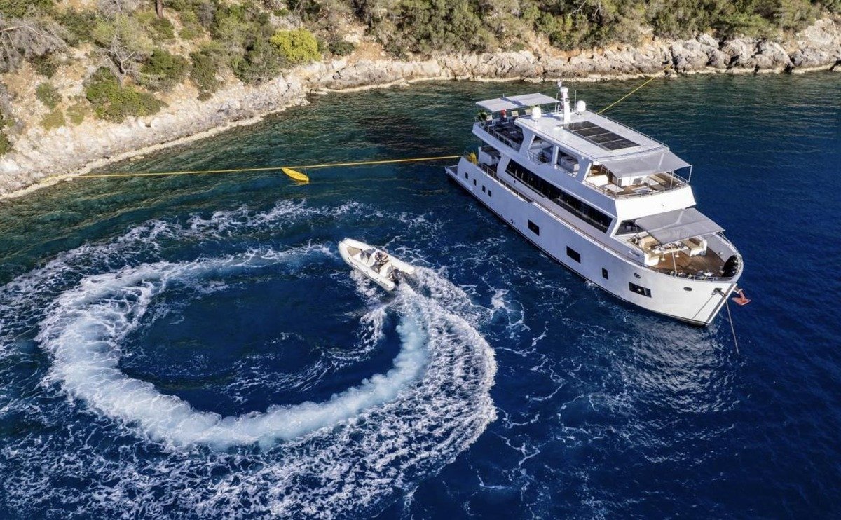 Trawler charter Fethiye — aerial view of the 26 metre trawler with the tender circling