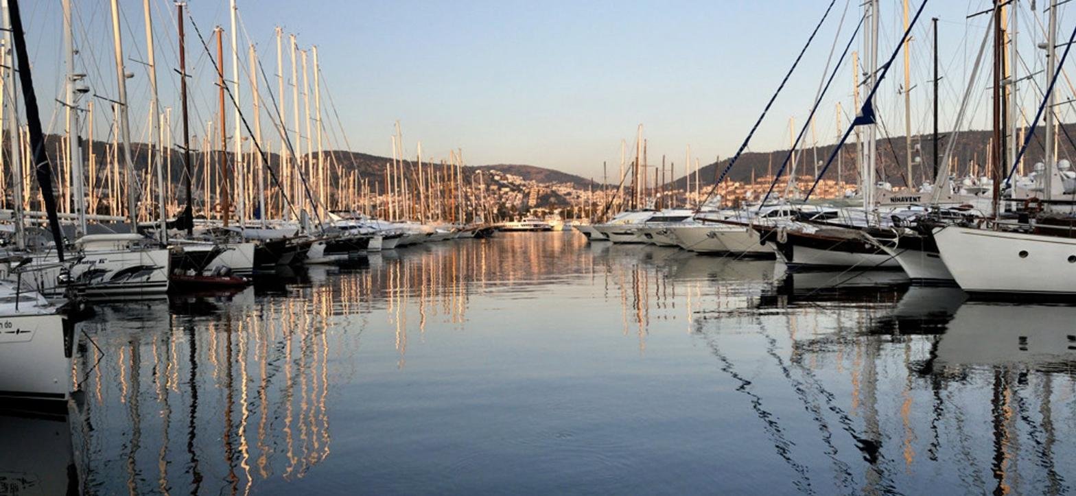 Ürkmezler 43 charter Bodrum — Bodrum marina at golden hour