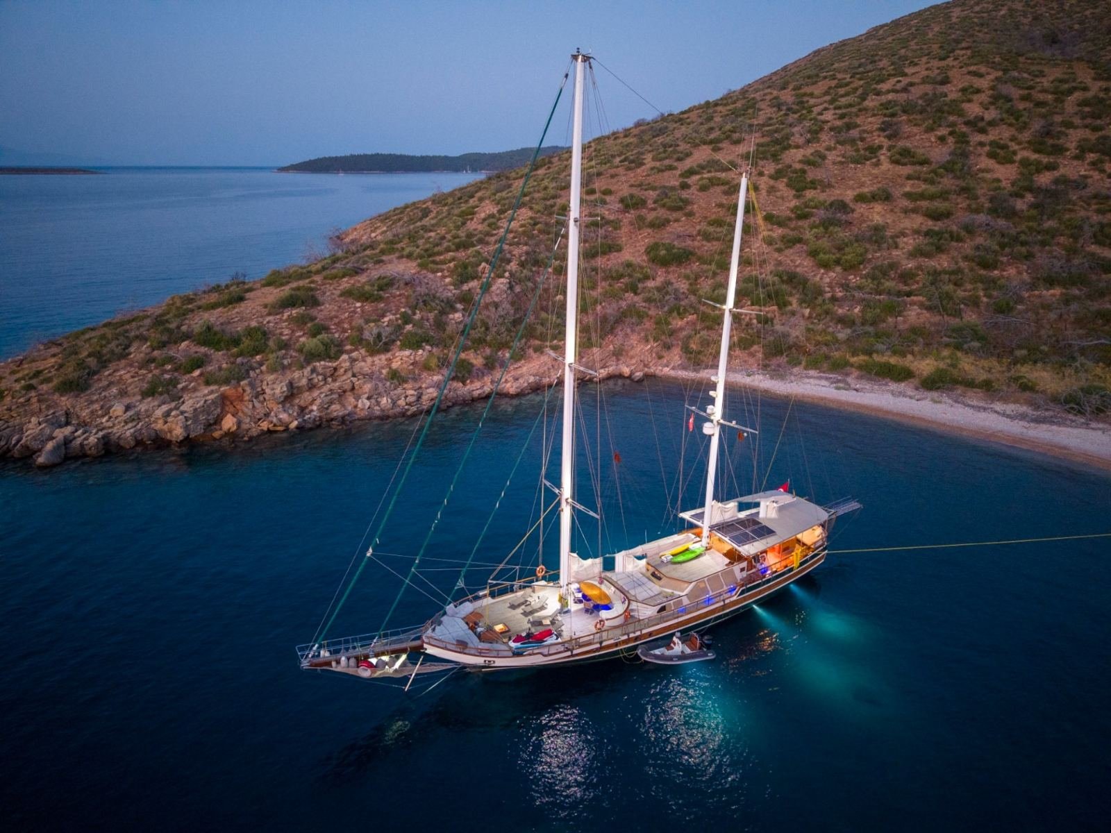 34m gulet charter Turkey seen from the air at dusk