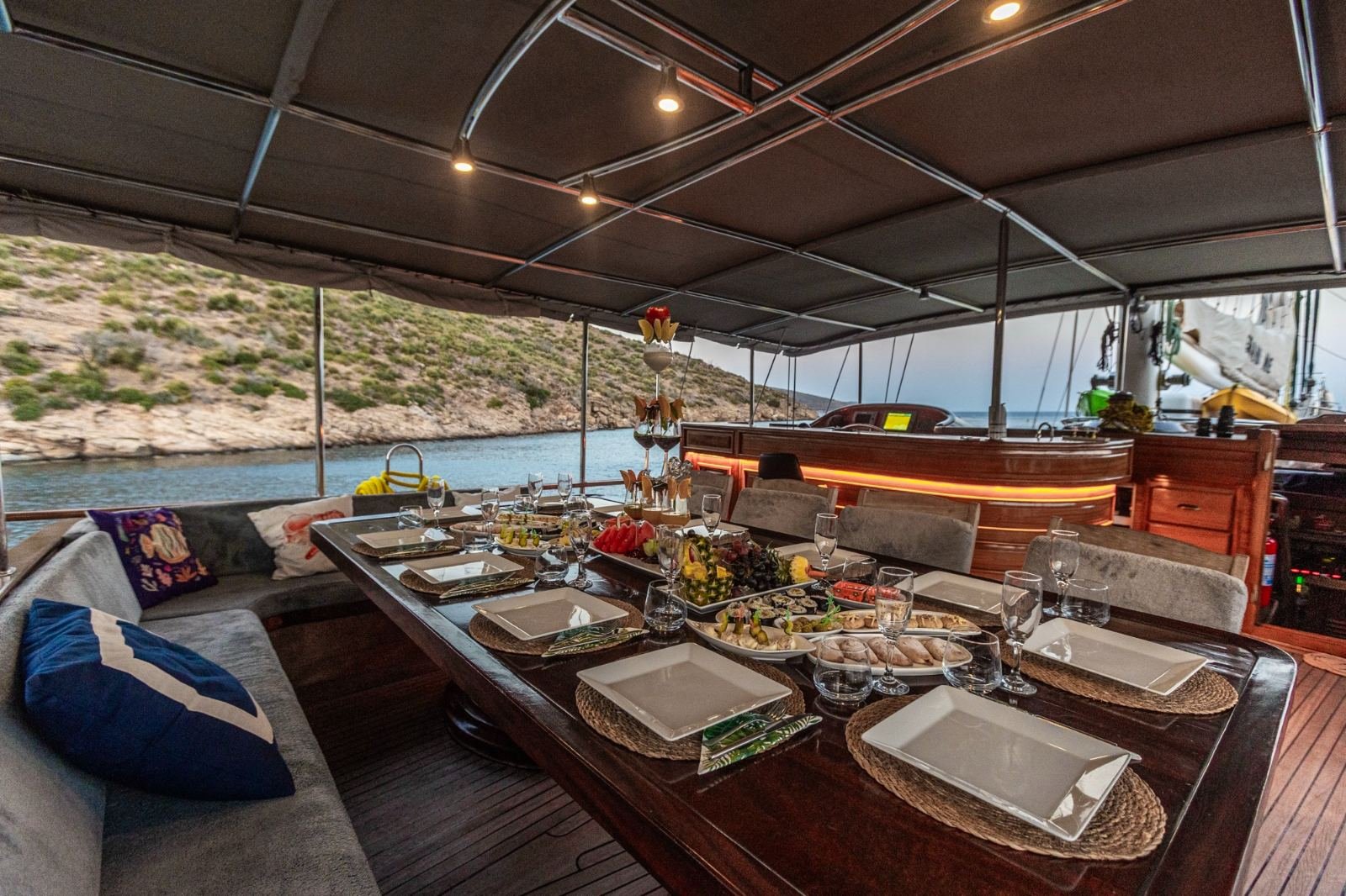 Shaded aft deck seating on a gulet in Turkey