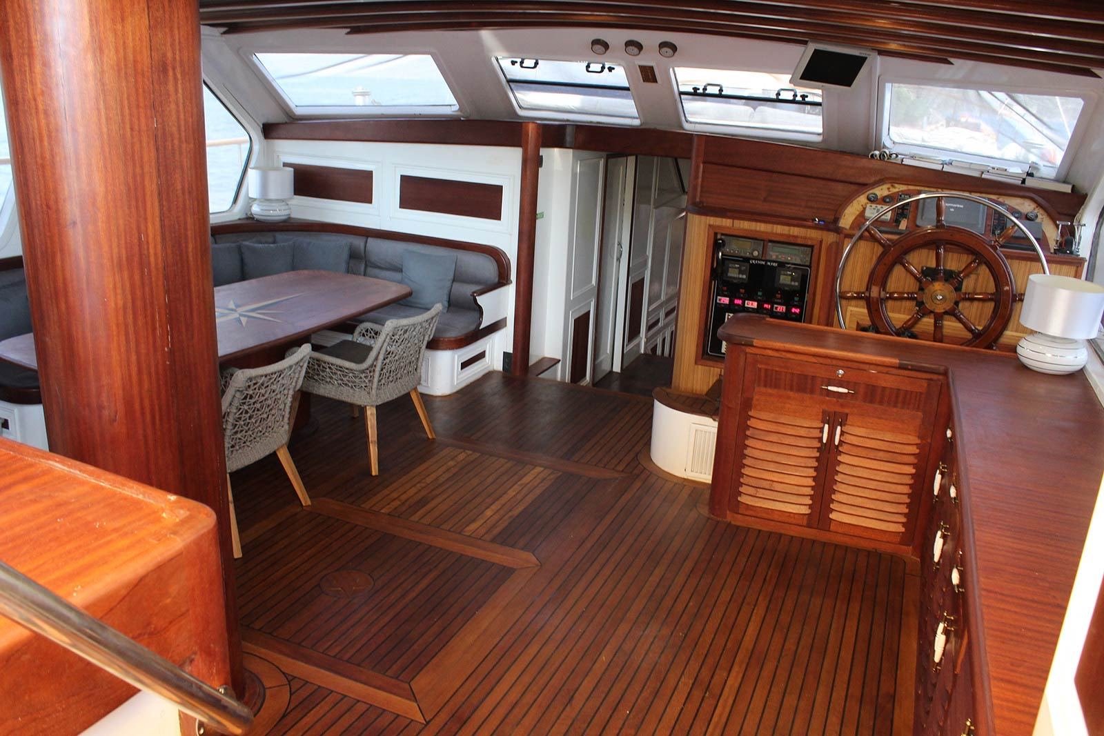 Wheelhouse and inside helm on a 34m Turkish gulet
