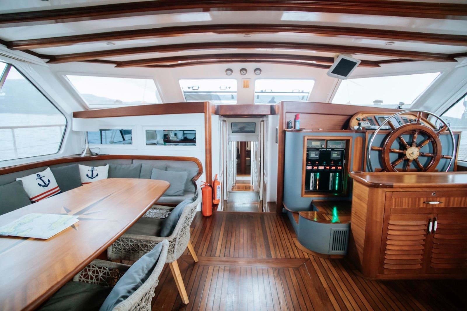 Mahogany saloon on a 34m gulet charter in Turkey