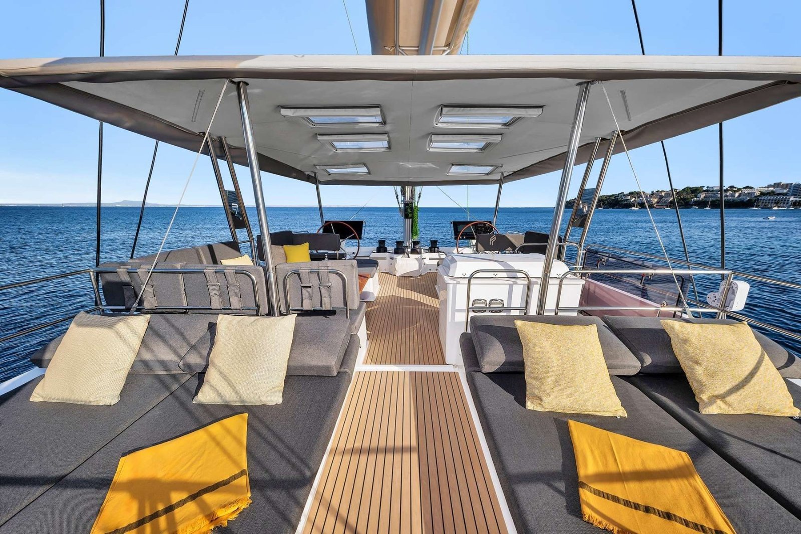 Alegria 67 charter Ibiza catamaran foredeck sunpads and trampolines