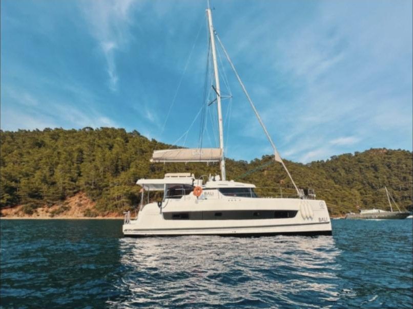 Fethiye katamaran kiralama - çamlarla çevrili bir Türk koyunda demirli Bali 4.6