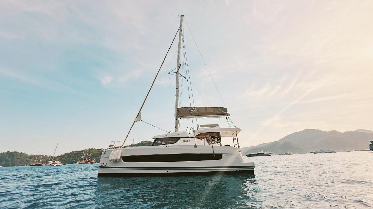 Bali Catspace catamaran at anchor at sunset off Gocek