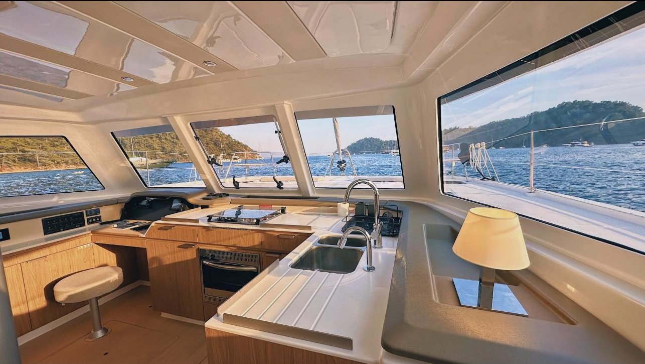 Galley and inside helm, catamaran charter Gocek