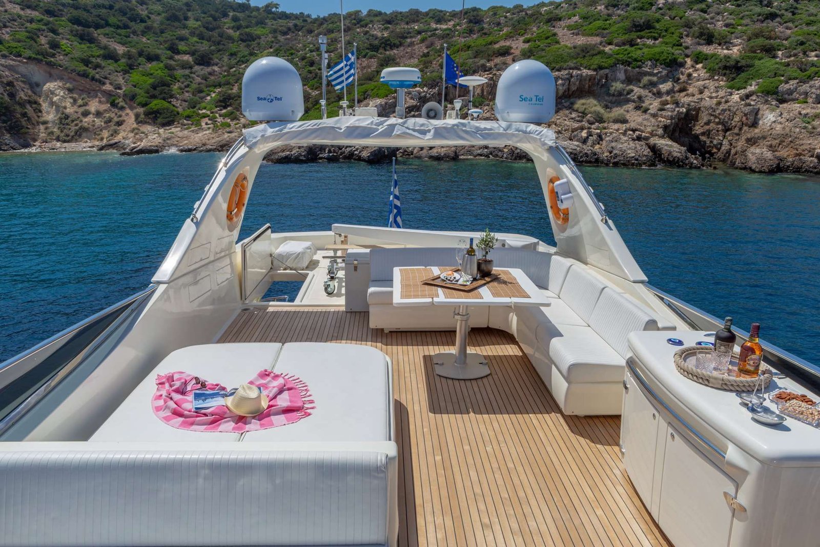 Flybridge seating and dining on a 26m charter yacht in Greece