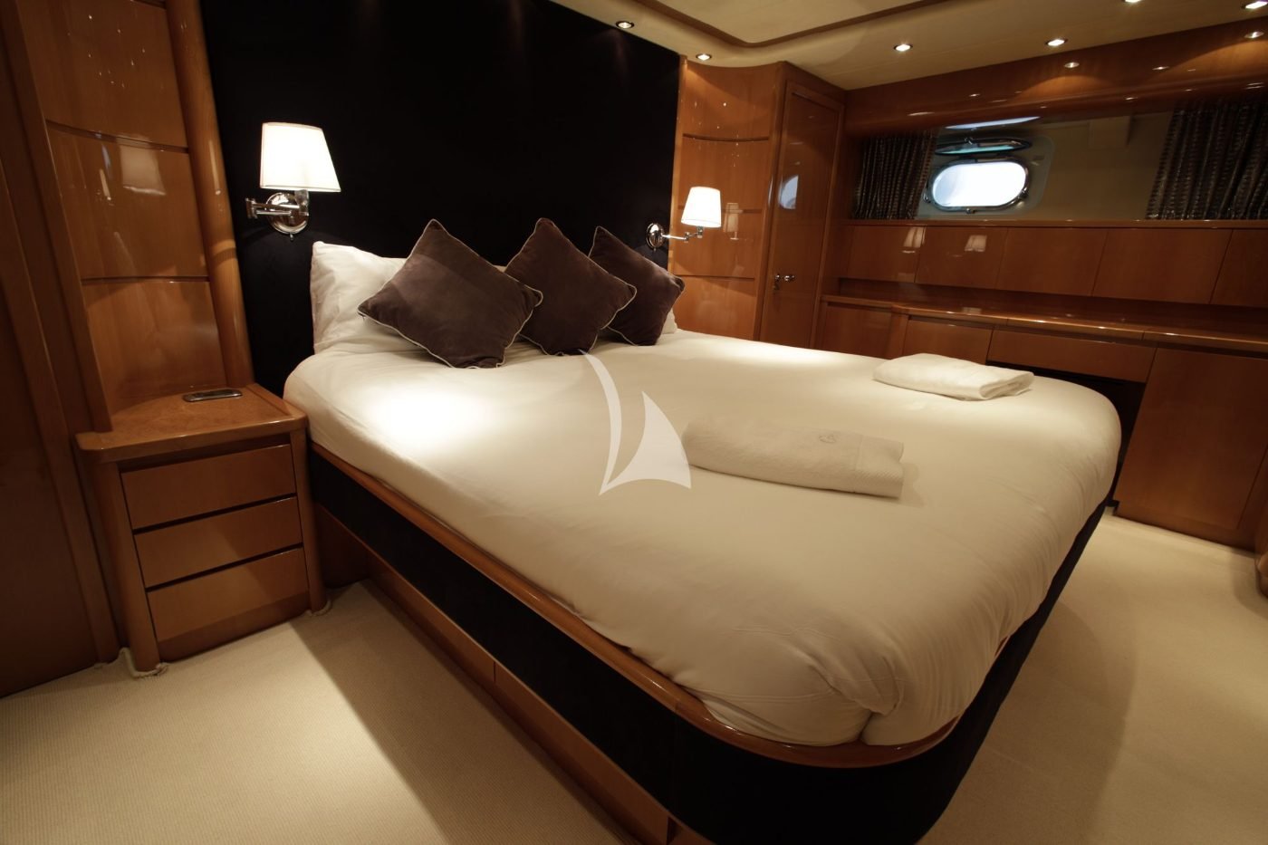 Master cabin aboard the Falcon 86 charter Ibiza motor yacht