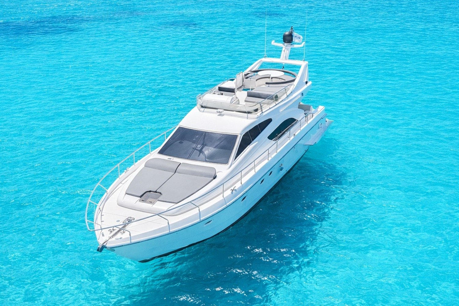 Aerial view of a Ferretti 53 motor yacht charter Mykonos
