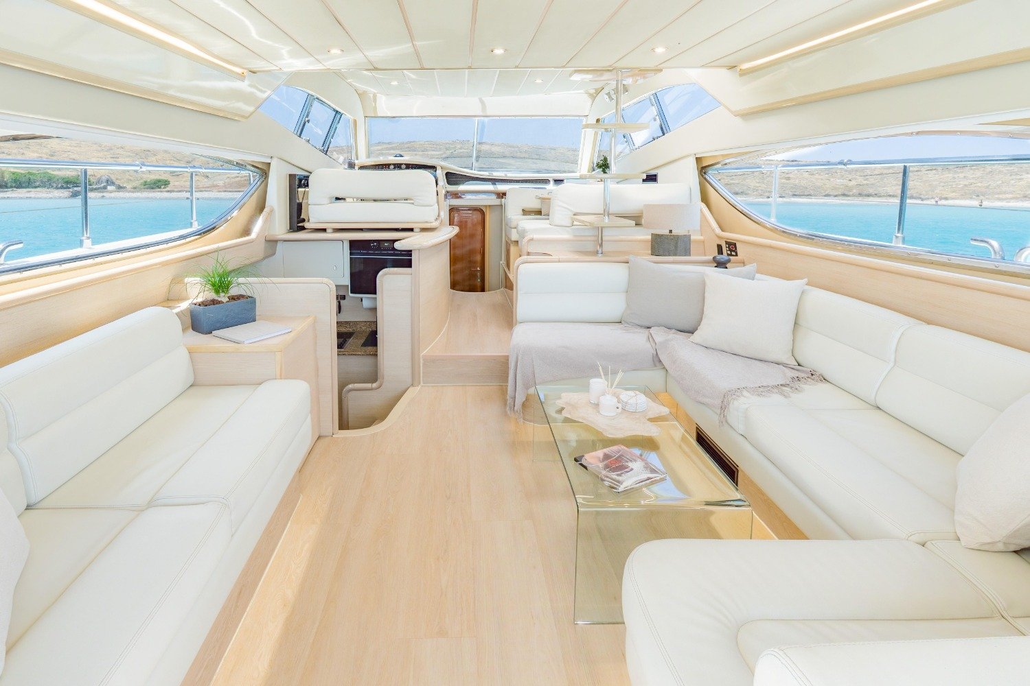Main saloon with cherry joinery on a Ferretti 53 motor yacht charter Mykonos