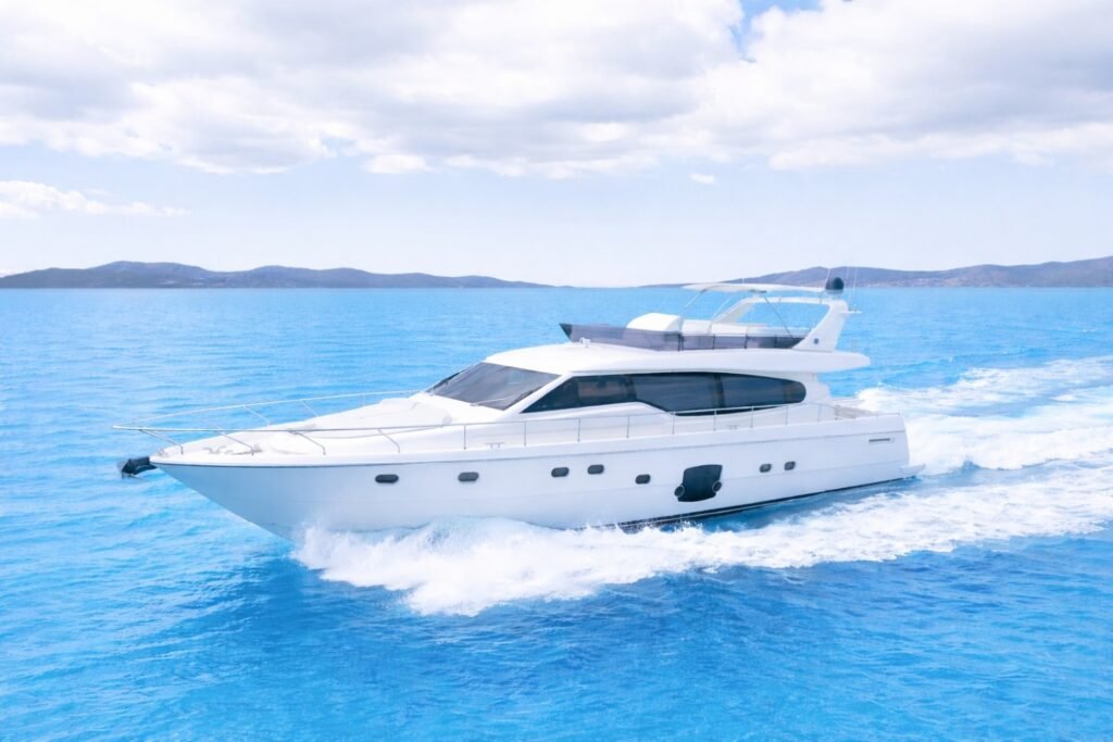 Ferretti 630 motor yacht charter Mykonos cruising off the Cyclades